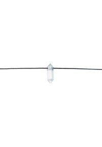 Clear crystal pendant on a thin black cord. The crystal is elongated with pointed ends and smooth, transparent surfaces.