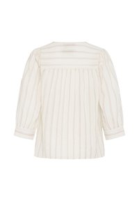 Blouse crème à manches longues avec fines rayures verticales rouges, empiècement dos froncé et poignets boutonnés.