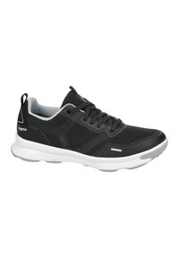 Baskets de sport noires avec un dessus en mesh, semelle blanche et accents gris. Comprend des lacets et un col rembourré pour le confort. Design léger.