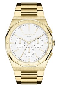 Goldfarbene Armbanduhr mit octagonalem Gehäuse, weißem Zifferblatt, drei Hilfszifferblättern, goldenen Stundenmarkierungen und einem Metallgliederarmband.