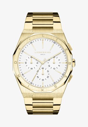 Gouden polshorloge met een octagonaal kast, witte wijzerplaat, drie subdials, gouden uurmarkeringen en een metalen schakelarmband.