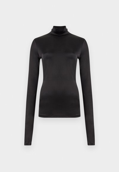Tricou cu mâneci lungi, negru, dintr-un material neted și elastic. Design ajustat cu guler înalt și fără modele sau embellismente vizibile.