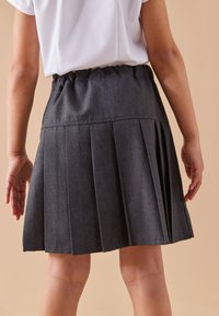 Jupe plissée grise avec une taille élastique, fabriquée dans un tissu ressemblant au denim. Dispose de multiples plis verticaux et d'un ourlet droit.
