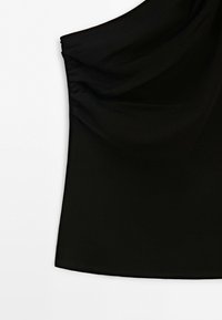 Black fabric with gathered, ruched detail along one side edge, shown against a white background.
