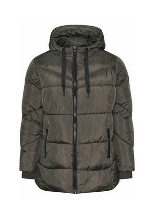 Dunkelgrüne Steppjacke mit Kapuze, Frontreißverschluss und zwei seitlichen Taschen. Merkmale sind eine gesteppten Textur und schwarze Kordeln.