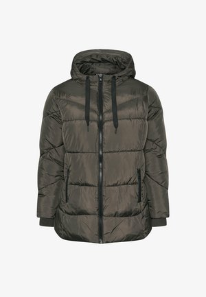 Kurtka puchowa w ciemnozielonym kolorze z kapturem, zamek błyskawiczny z przodu i dwiema bocznymi kieszeniami. Charakteryzuje się pikowaną teksturą i czarnymi sznurkami.