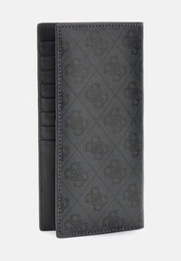Billetera de cuero negro con un patrón texturizado, que cuenta con múltiples ranuras para tarjetas y un diseño delgado y alargado. Los bordes cosidos mejoran la durabilidad.