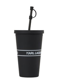 Vaso reutilizable negro con un acabado mate suave, presenta un logo de marca en blanco y una franja horizontal. Incluye una pajita negra.