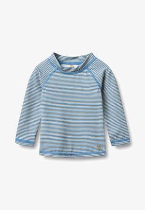 Lange mouw zwemtop gemaakt van rekbare stof, met blauwe en crèmekleurige horizontale strepen, een opstaande kraag en vlakgestikte naden.