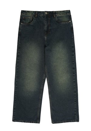 Bredde jeans i mørk denim med slidte pletter, fem lommer og kontrasterende syninger. Har en knap- og lynlås lukning.
