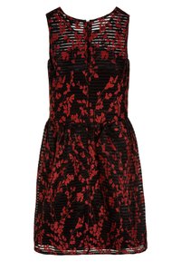 Musta ilmanhiha dressi, jossa on punainen kukkakirjonta ja vyötärölle istuva malli, takana vetoketjusulku. Ihanteellinen muodollisiin tilaisuuksiin.