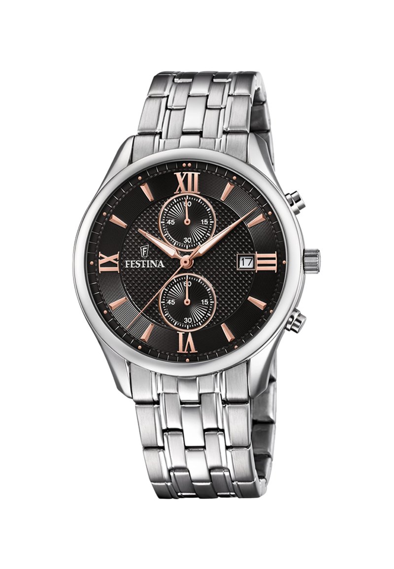 Orologio in acciaio inossidabile argento con quadrante nero testurizzato, numeri romani in oro rosa, sottodial e una finestrella per la data. Presenta un bracciale a maglie.