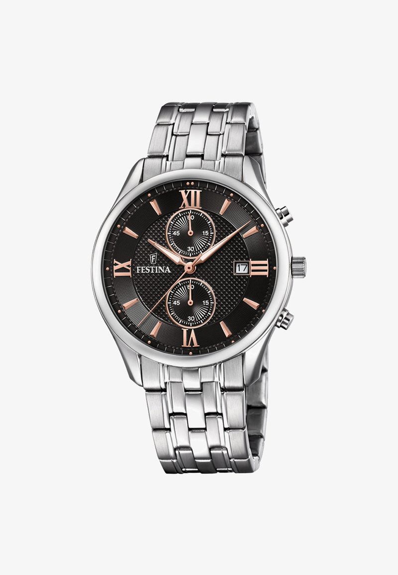 Srebrna nerjaveča jeklena ura z black teksturirano ploščo, rožnato zlatimi rimskimi številkami, subdiali in oknom za datum. Opremljena je z zapestnico iz povezovalnih členov.