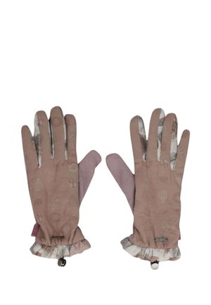 Coppia di guanti da donna marrone chiaro con polsini arricciati a motivo floreale e piccole targhette decorative in metallo.