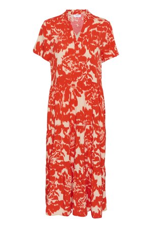 Rood en crèmekleurige jurk met bloemenprint, korte mouwen, V-hals, gelaagd ontwerp en zijzakken. Gemaakt van lichtgewicht stof.