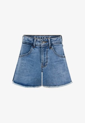 Lichtblauwe denimshorts met een franje zoom, voorzien van front pockets, een knoopsluiting en een gemarkeerde tailleband.