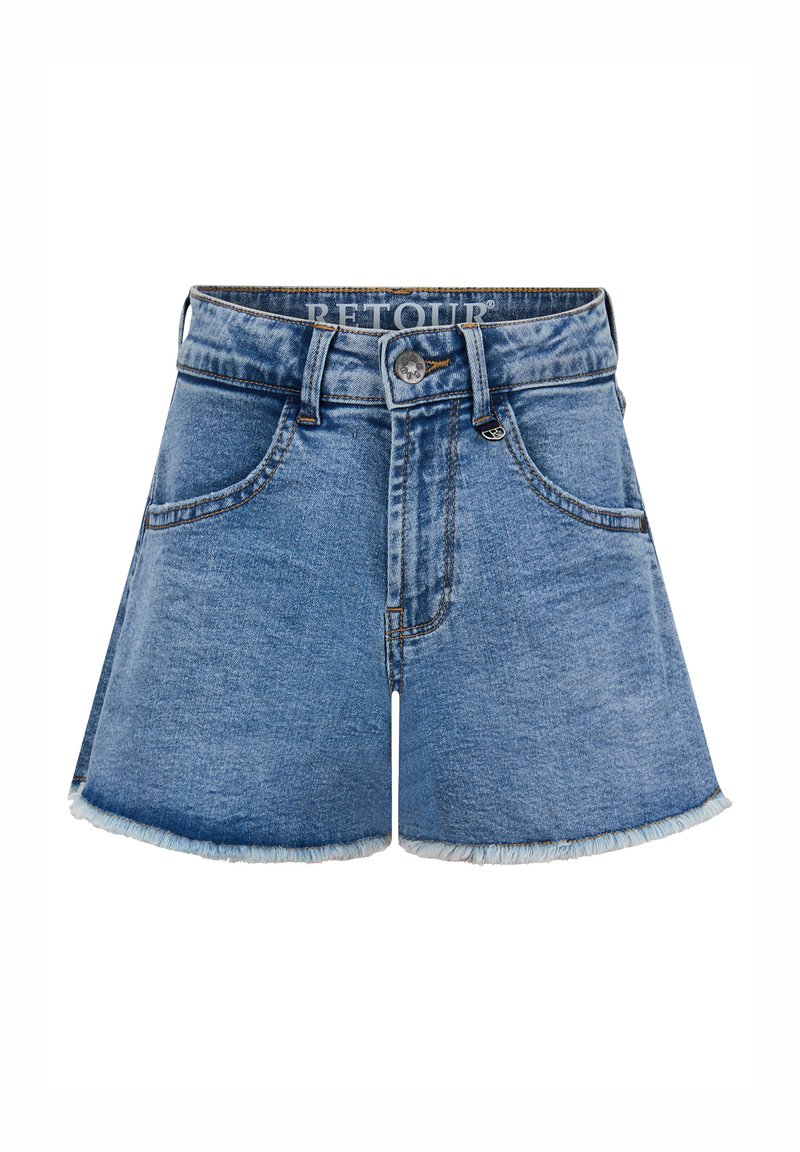 Jasnoniebieskie szorty dżinsowe z postrzępionym dołem, z kieszeniami z przodu, z zapięciem na guzik i markowym paskiem.