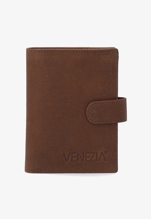 Braune Lederbrieftasche mit abgesteppten Rändern, einem Druckknopfverschluss und dem geprägten "VENEZIA"-Logo auf der Vorderseite. Kompakte, rechteckige Form.