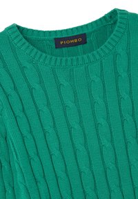 Maglione verde lavorato a maglia con motivo a trecce, colletto a coste e texture morbida. L'etichetta mostra la scritta "PIOMBO" in caratteri dorati.