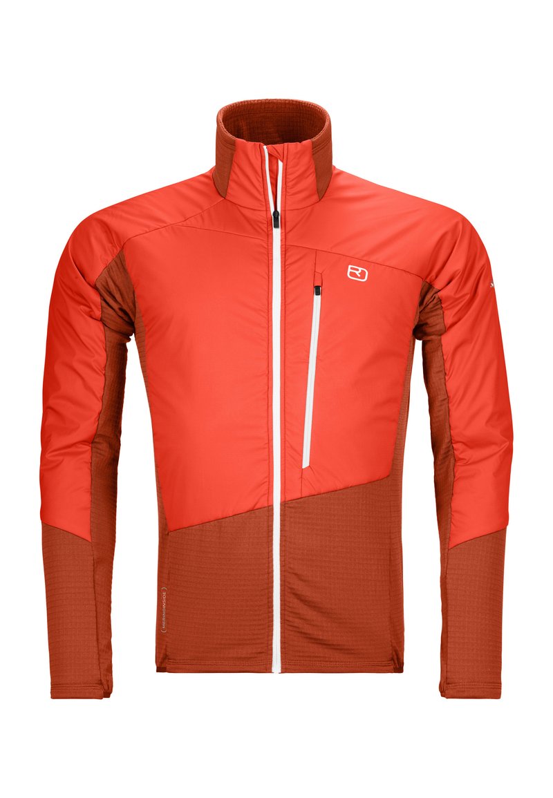 Red and brown insulated jacket with a high collar, zippered chest pocket, and contrasting fabric textures; features a logo on the left side.