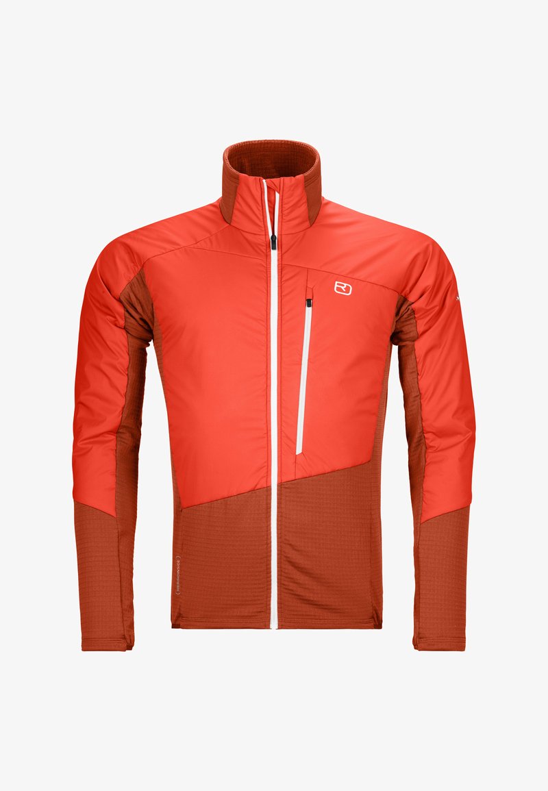 Red and brown insulated jacket with a high collar, zippered chest pocket, and contrasting fabric textures; features a logo on the left side.
