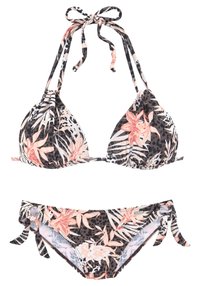 Bikini set met een zwart-wit bloemenpatroon, met een driehoekige top met strikjes en een laaggesneden broekje met zijstrikjes. Gladde stofstructuur.