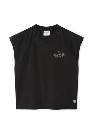Zwart mouwloos Champion Training Club-shirt met ronde hals en klein logo op de borst en onderzoom.