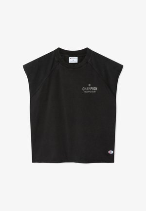 Zwart mouwloos Champion Training Club-shirt met ronde hals en klein logo op de borst en onderzoom.