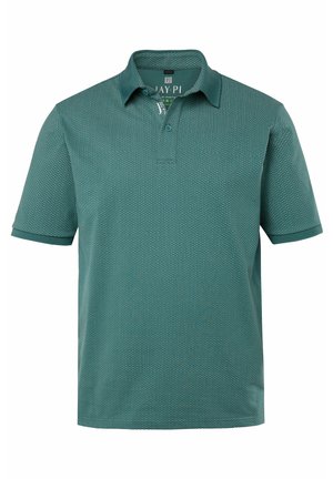 Green short-sleeve polo shirt with subtle dotted texture, two-button placket, and folded collar.