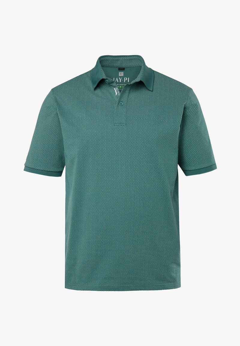 Polo vert à manches courtes avec texture subtile à petits points, patte de boutonnage à deux boutons et col replié.
