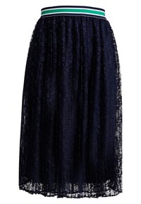 Granatowa koronkowa spódnica midi z plisowanym wzorem, z paskiem elastycznym w zielono-białe paski. Lekka, przejrzysta tekstura.
