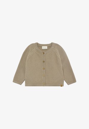Beige strikket cardigan med rund hals, lange ærmer, fem træknapper og ribstrikkede manchetter, med en lille logoetiket på kanten.