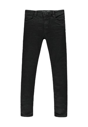 Zwarte denim skinny jeans met een eenvoudig ontwerp, voorzien van voortassen, een knoopsluiting bij de taille en een subtiele textuur.