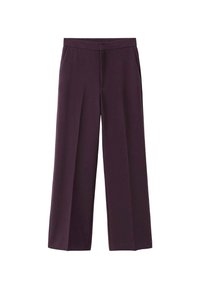 Pantalon large violet foncé avec des plis à l'avant, des poches latérales et une ceinture, présenté à plat sur un fond blanc.