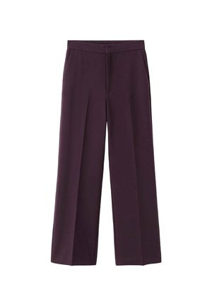 Pantaloni larghi di colore viola scuro con piega frontale, tasche laterali e cintura, esposti piatti su uno sfondo bianco.