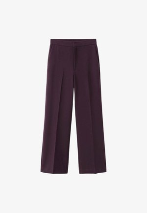 Pantaloni larghi di colore viola scuro con piega frontale, tasche laterali e cintura, esposti piatti su uno sfondo bianco.
