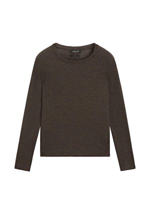 Dunkelbraunes Langarmshirt mit Rundhalsausschnitt und Raglanärmeln, flach auf weißem Hintergrund präsentiert.