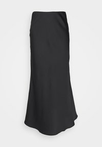 Jupe noire en tissu lisse, avec une taille cintrée et un ourlet asymétrique évasé. Design simple sans motifs ni embellissements visibles.
