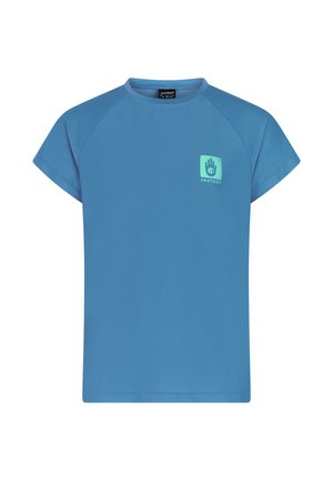 Blaues T-Shirt mit kurzen Ärmeln, Rundhalsausschnitt und kleinem hellgrünem Logo mit einer Hand und einem Auge auf der linken Brust.