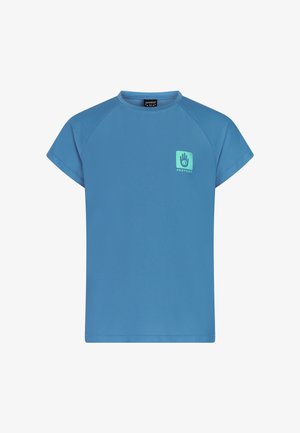 Blauw T-shirt met korte mouwen, ronde hals en klein lichtgroen logo met hand en oog op de linker borst.