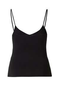 Czarna koszulka na cienkich, regulowanych ramiączkach, z dekoltem w serek i dopasowanym krojem wykonana z gładkiego, elastycznego materiału.