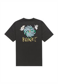 Schwarzes Baumwoll-T-Shirt mit einem bunten Spiraldesign und floralen Illustrationen auf dem Rücken, mit dem Wort "ELEMENT" in Gelb.