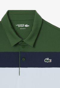 Grön och marinrandig polo shirt med vit botten, med en tre-knapprad och broderad krokodil-logotyp på vänster bröst.