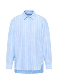 Light blue button-up shirt made of fabric with vertical white stripes. Features a classic collar and long sleeves with cuffs.