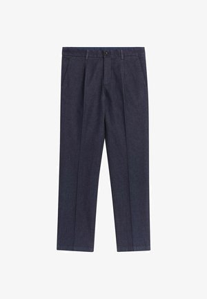 Merihenkiset housut, jotka on valmistettu kudotusta kankaasta. Ne ovat suoralinjaiset, ja niissä on etutaskut, nappikiinnitys sekä näkyvät ompelutiedot.