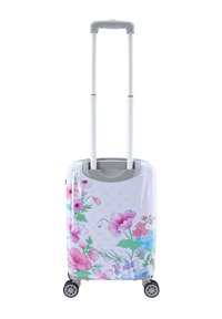 Hard-shell suitcase with floral design in pink and blue. Features a retractable handle, two wheels, and a glossy finish.