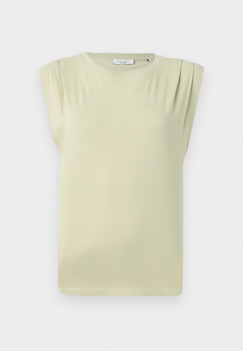 Helles grünes, kurzärmliges Oberteil mit lockerer Passform. Verfügt über dezente Schulterfalten und einen Rundhalskragen. Weicher, glatter Stoff.