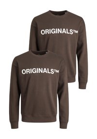 Brown crewneck sweatshirts featuring a white "ORIGINALS™" text logo across the front. Cotton material with ribbed cuffs and hem. Two included.