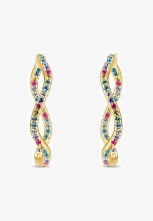 Vergoldete Ohrringe mit einem verdrehten Design, geschmückt mit bunten Edelsteinen in Blau, Pink und Lila, die eine glatte Textur und einen strahlenden Glanz zeigen.