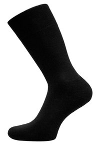 Schwarze Baumwollsocke mit glatter Textur, Knöchelhöhe, abgerundeter Zehenpartie und verstärktem Fersenbereich. Klassisches Design, geeignet für verschiedene Schuhe.